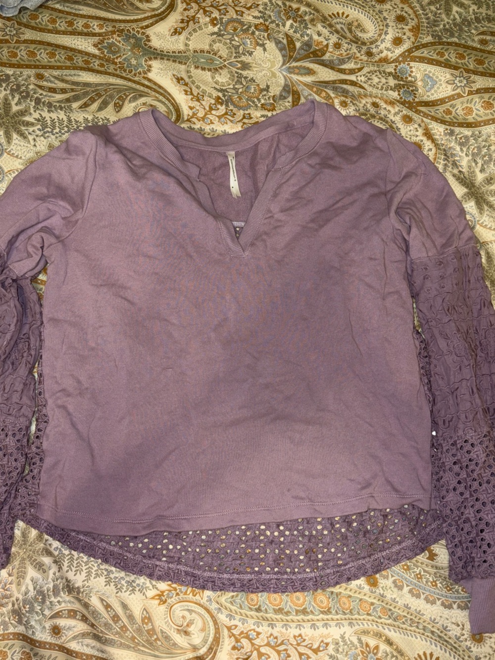 Women's Lavender eyelet Sleeve sweatshirt- Anthropologie